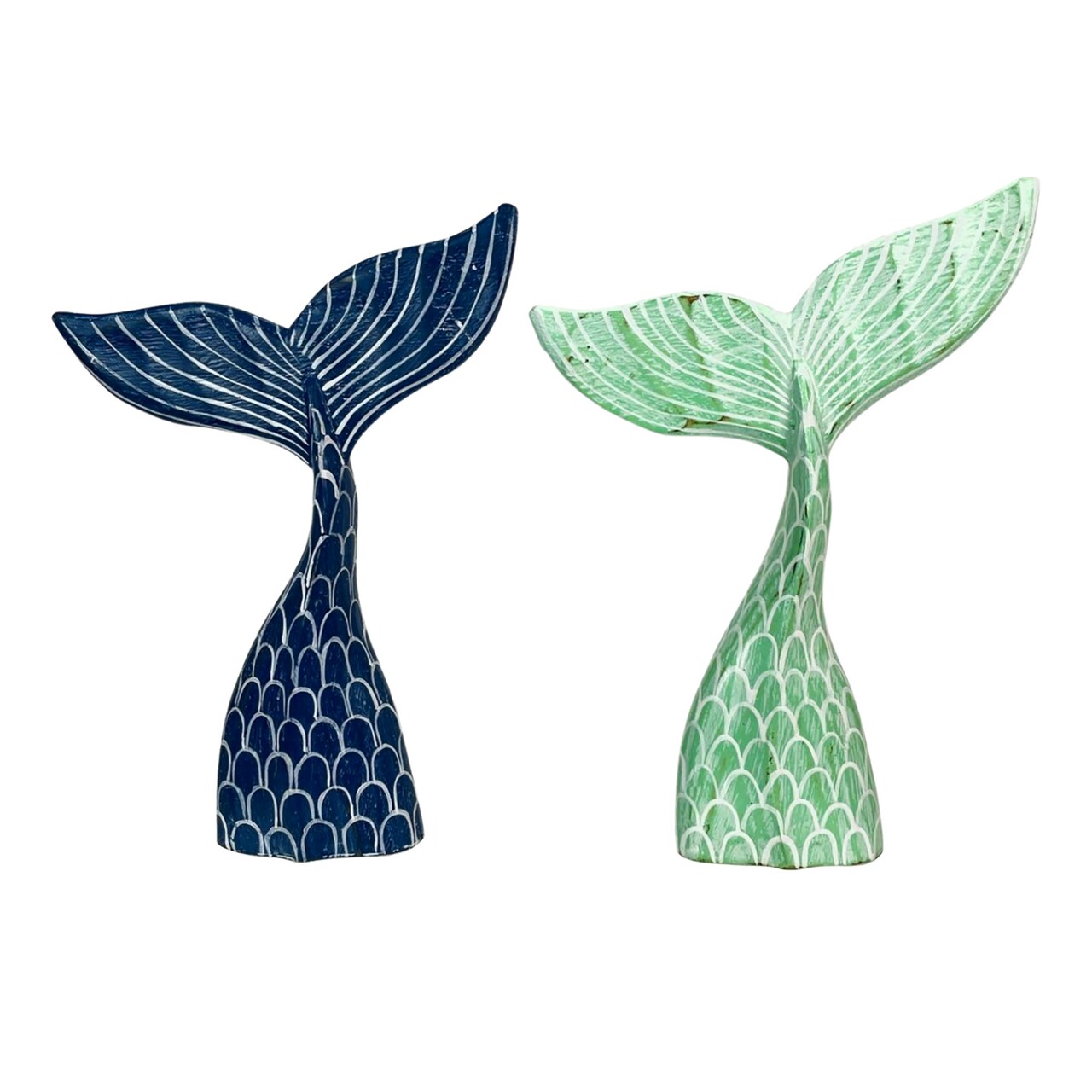 Set of 2 Wood Mermaid Tail Sculptures 13.75" Turquoise & Navy Blue Decor